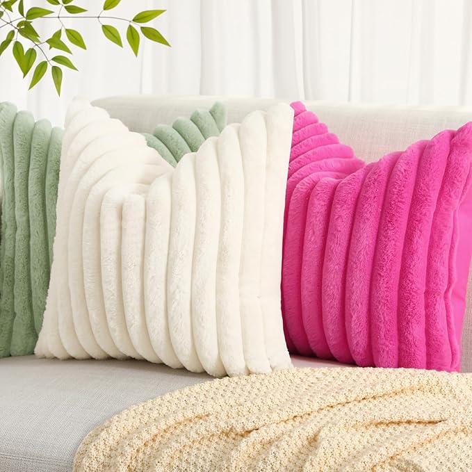 decorUhome Faux Fur Throw Pillow Covers 16x16 Set of 2, Decorative Soft Plush Striped Neutral Couch Euro Pillow Covers with Velvet Back for Sofa, Bed, Living Room Home Decor, Hot Pink