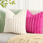 decorUhome Faux Fur Christmas Throw Pillow Covers 18x18 Set of 2, Decorative Soft Plush Striped Neutral Couch Euro Pillow Covers with Velvet Back for Sofa, Bed, Living Room Home Decor, Sage Green