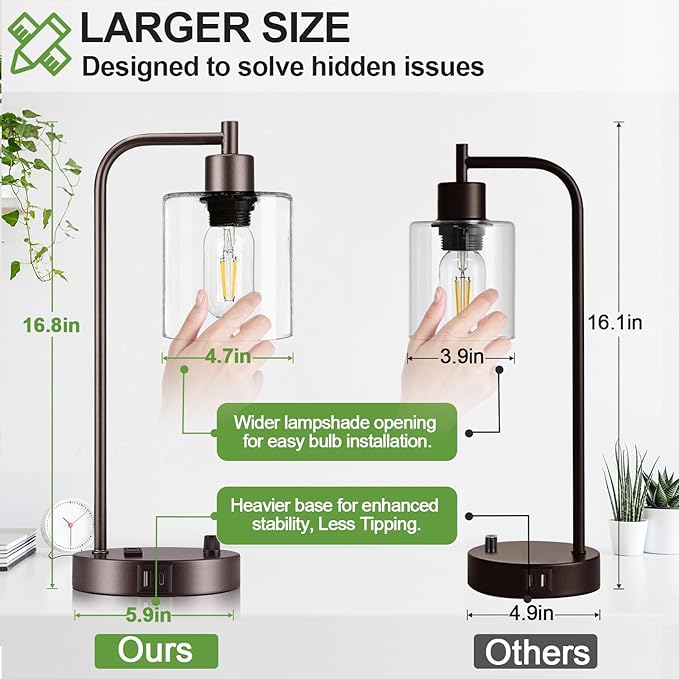 Set of 2 Oil Rubbed Bronze Table Lamps with USB C+A Ports and Outlet, Fully Stepless Dimmable Bedside Lamps, Industrial Desk Lamps with Clear Glass Shade for Living Room (2 LED Bulb)