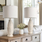 BOBOMOMO 25" Farmhouse Table Lamp Set of 2 Vintage Rustic Lamps for Living Room, Resin Bedside Nightstand Lamps with Linen Lampshades, Retro Lamp for Living Room, Bedroom, Dining Room, Home Decor