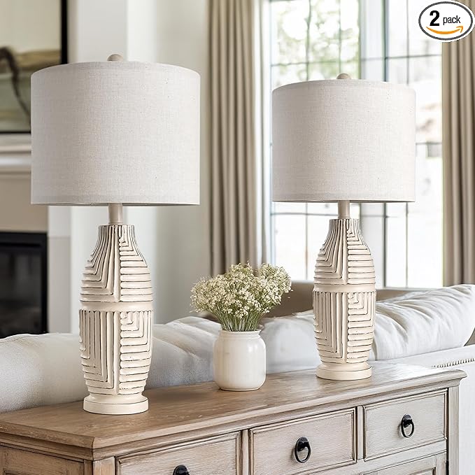 BOBOMOMO 25" Farmhouse Table Lamp Set of 2 Vintage Rustic Lamps for Living Room, Resin Bedside Nightstand Lamps with Linen Lampshades, Retro Lamp for Living Room, Bedroom, Dining Room, Home Decor