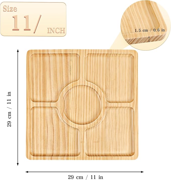 WILLKOMMEN Wood Divided Serving Tray, 11'' Square Tray Chip and Dip Platter, Serving Tray with 5 Sections for Appetizers & Snacks, Veggie Platter, Food Trays for Party