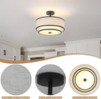 BUXVRCS Semi Flush Mount Ceiling Light Fixture, Modern Light Fixtures Ceiling Mount with Fabric Shade, 3-Light Double Drum Lighting Fixtures Close to Ceiling Light for Bedroom (Black)