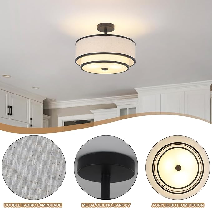 BUXVRCS Semi Flush Mount Ceiling Light Fixture, Modern Light Fixtures Ceiling Mount with Fabric Shade, 3-Light Double Drum Lighting Fixtures Close to Ceiling Light for Bedroom (Black)