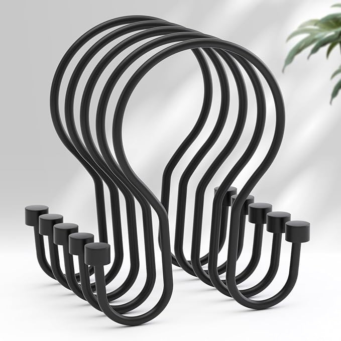 AmazerBath Shower Curtain Hooks Black Shower Curtain Rings with Cylindrical Design, Metal Shower Curtain Hooks Rust Proof, Smooth Glide Double Shower Hooks Rings for Shower Curtain