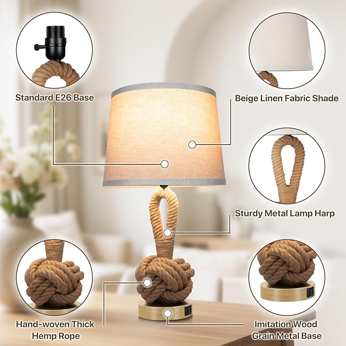 22" Rope Lamps for Night Stands, Bedside Lamps Set of 2, 3-Color Temperatures Boho Lamp with Rotary Switch, Table Lamps for Living Room Bedroom, Rattan Lamp with USB Ports, Bulbs Included