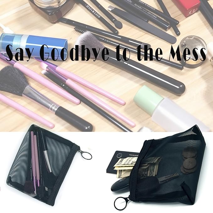patu Widened Mini Zipper Mesh Bags, Size S, 5" x 4" x 2", 5 Pieces, Beauty Makeup Lipstick Cosmetic Accessories Organizer, Small Travel Kit Storage Pouch, Black