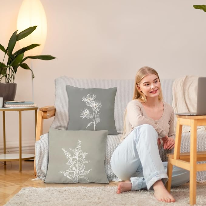 JINYO Boho Neutral Floral Pillow Covers 18x18 Set of 4, Minimalist Elegant Rustic Flower Botanical Decorative Throw Pillow Covers for Living Room Bedroom Home, Floral Flower Room Decor