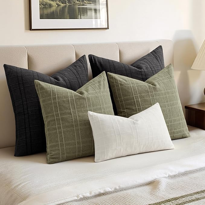 MIULEE Decorative Linen Check Euro Shams Throw Pillow Covers Neutral Farmhouse Vintage Pillow Covers 24x24 Set of 2 Boho Modern Home Decor for Sofa Couch Bedroom Cushion Sage Green