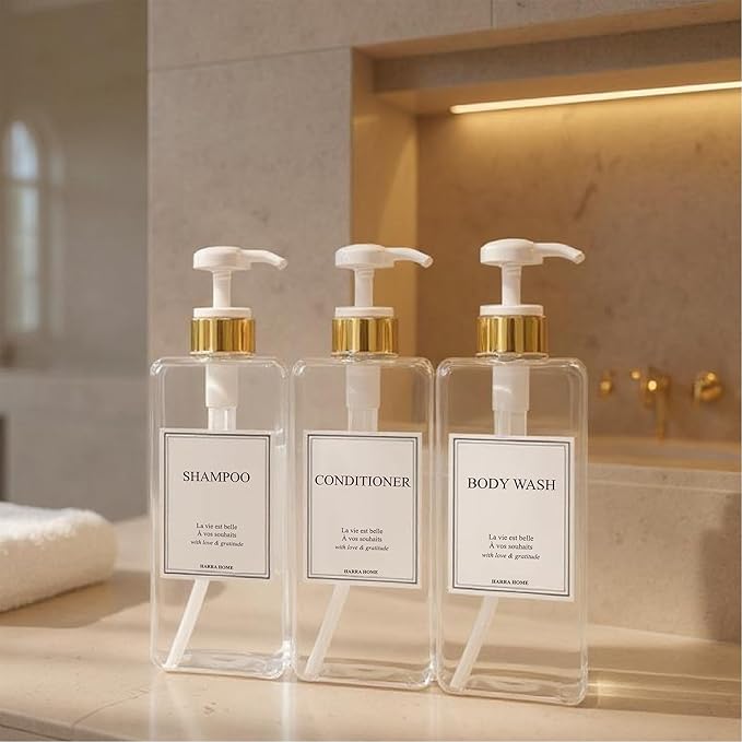 Modern Gold Design 27 oz Shampoo and Conditioner Dispensers - Plastic Refillable Pump Bottle Set for Bathroom Shower Soap Dispenser, Gift Box Included, Set of 3 (Clear & White)