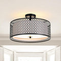 17" Semi Flush Mount Ceiling Light Fixture, Modern 3-Light E26 Double Drum Ceiling Lighting with Matte Black Iron Mesh Cage for Living Room Bedroom Hallway Entryway, Black