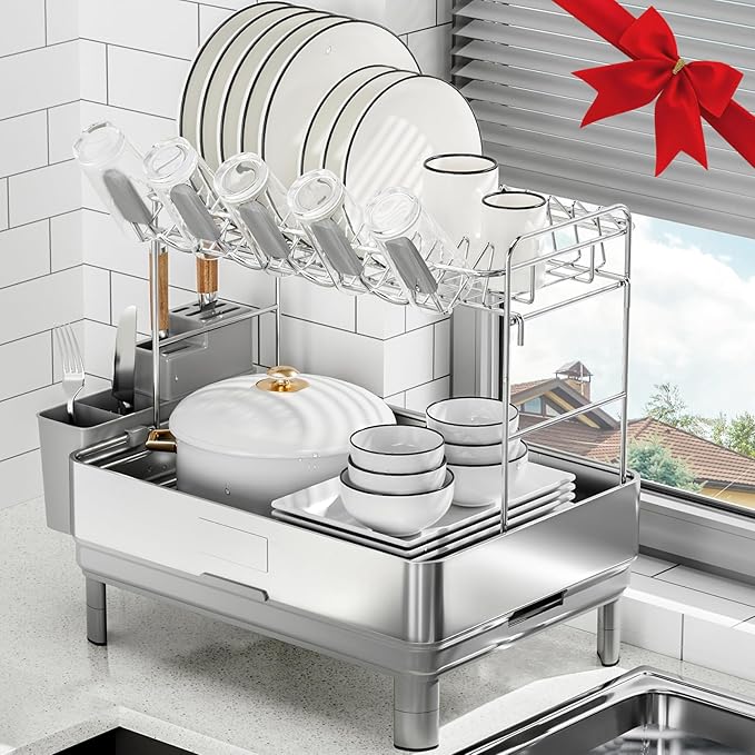 Dish Drying Rack, 2 Tier Large Dish Rack, Stainless Steel Dish Drainer for Kitchen Counter, Dishes Rack with Automatic Drainage, Utensil Holder&Cups Holder,Space Saving Kitchen Organizer,Gray
