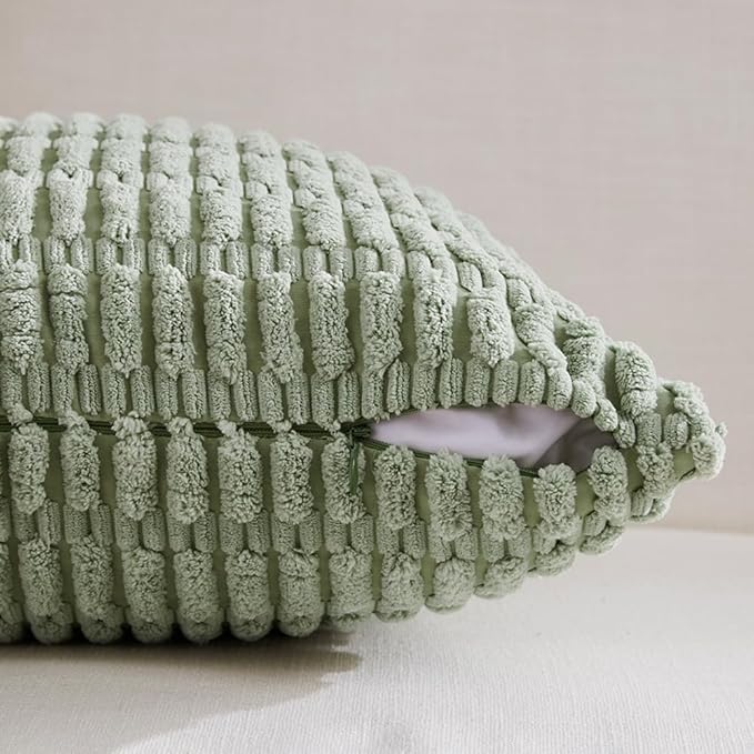 Fancy Homi Sage Green Decorative Throw Pillow Covers 18x18 Inch for Living Room Couch Bed Sofa, Soft Striped Corduroy Square Cushion Case 45x45 cm, Rustic Farmhouse Boho Home Decor
