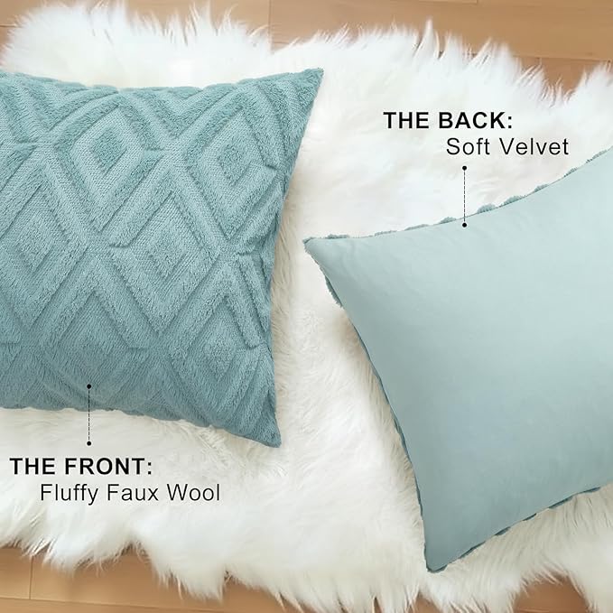 decorUhome Couch Throw Pillow Covers 26x26 Set of 2, Decorative Soft Plush Faux Wool Neutral Accent Pillow Covers for Bed Sofa Living Room, Light Teal