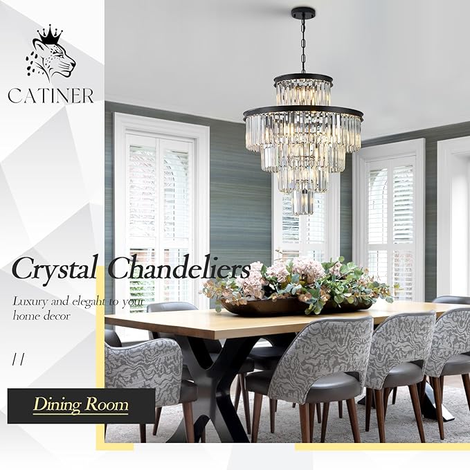 24" Modern Crystal Chandelier 15 Lights Black Pendant Light Fixture Luxury 5-Tier K9 Crystals Chandelier Contemporary Round Pendant Lighting for Dinning Room Living Room Foyer Kitchen