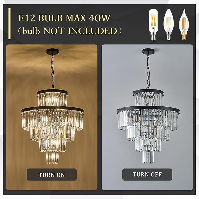 24" Modern Crystal Chandelier 15 Lights Black Pendant Light Fixture Luxury 5-Tier K9 Crystals Chandelier Contemporary Round Pendant Lighting for Dinning Room Living Room Foyer Kitchen