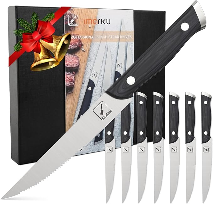 imarku Steak Knives, Steak Knives Set of 8, Serrated Steak Knife Set with Pakkawood Ergonomic Handle, Japanese HC Steel Steak Knife and Gift Box, Birthday Gifts for Women and Man