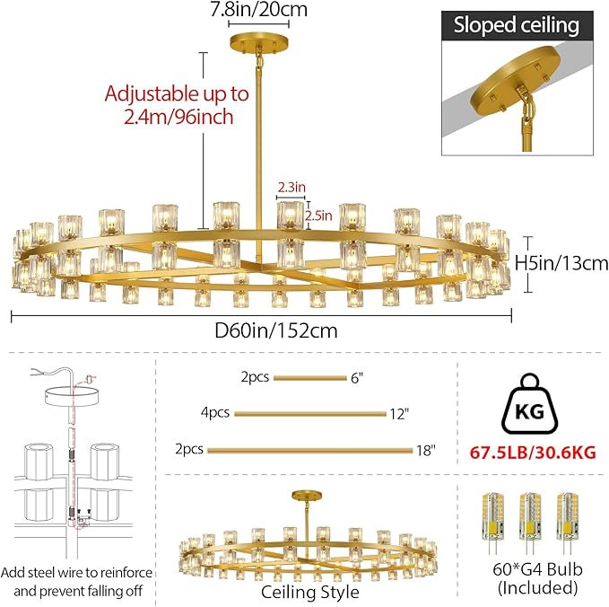 Modern 60 inch Gold Round Chandelier, Extra Large Chandeliers Crystal Chandeliers for Living Room, Large Wagon Wheel Chandelier for Foyer, Staircase, Entrance,Includes Bulb