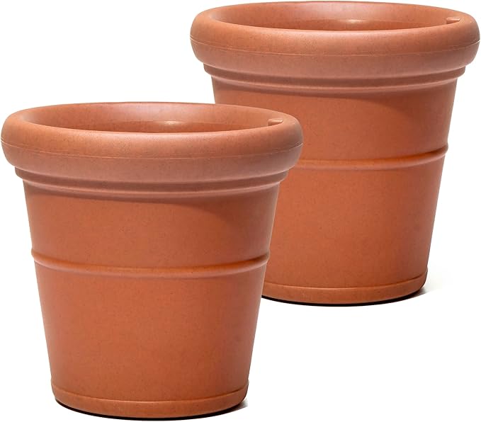 Step2 Claremont Tall Round Planter, Large Planters for Outdoor Plants, Gardening and Flower Pot for Patio or Porch, Efficient Drainage, Durable Plastic, Terracotta, 2-Pack