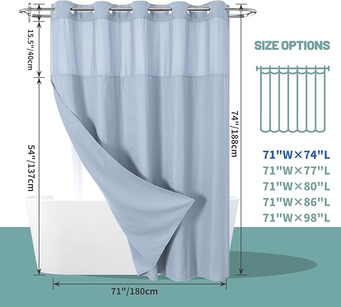 FrostBlue No Hook Waffle Weave Shower Curtain with snap-in Liner Replacement, 230GSM Waterproof Fabric Hotel Shower Curtain Set for Bathroom, Through Mesh Top Window,71Wx74H