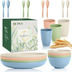 Wrova Wheat Straw Kids Plates and Bowls Sets,Unbreakable Kids Dinnerware sets with Flatwares,Lightweight Reusable Camping Plates and Bowls Sets.Nordic Series