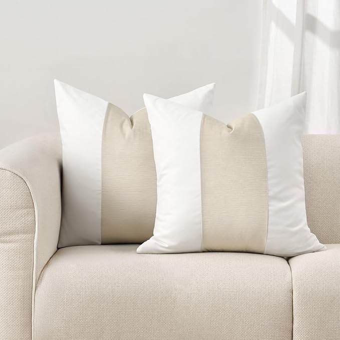 EVERGRACE x Kinsey Walsh Signature Velvet Panel Cotton Pillow Covers Set of 2, Decorative Pillow Covers 20"x20" for Couch, Square Cushion Cases for Sofa Bedroom Living Room, Off White Pearl