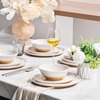FINE&NICE Melamine Dinnerware Sets of 12 Pcs, Unbreakable Plates and Bowls Set for 4, Dinner Dishes Set for for Patio, RV and Camping, Dishwasher Safe (White with Brown)
