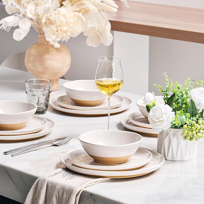 FINE&NICE Melamine Dinnerware Sets of 12 Pcs, Unbreakable Plates and Bowls Set for 4, Dinner Dishes Set for for Patio, RV and Camping, Dishwasher Safe (White with Brown)