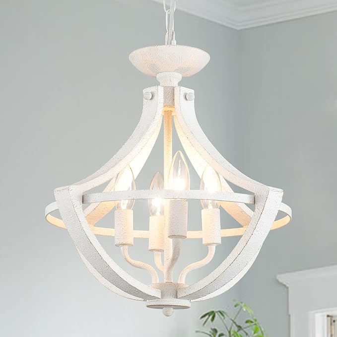 4-Lights French Country Chandelier Farmhouse Chandeliers Handmade Semi Flush Mount Ceiling Light Fixture Wood Pendant Light White Chandeliers for Entryway Foyer Hallway Kitchen Dining Room
