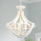 4-Lights French Country Chandelier Farmhouse Chandeliers Handmade Semi Flush Mount Ceiling Light Fixture Wood Pendant Light White Chandeliers for Entryway Foyer Hallway Kitchen Dining Room