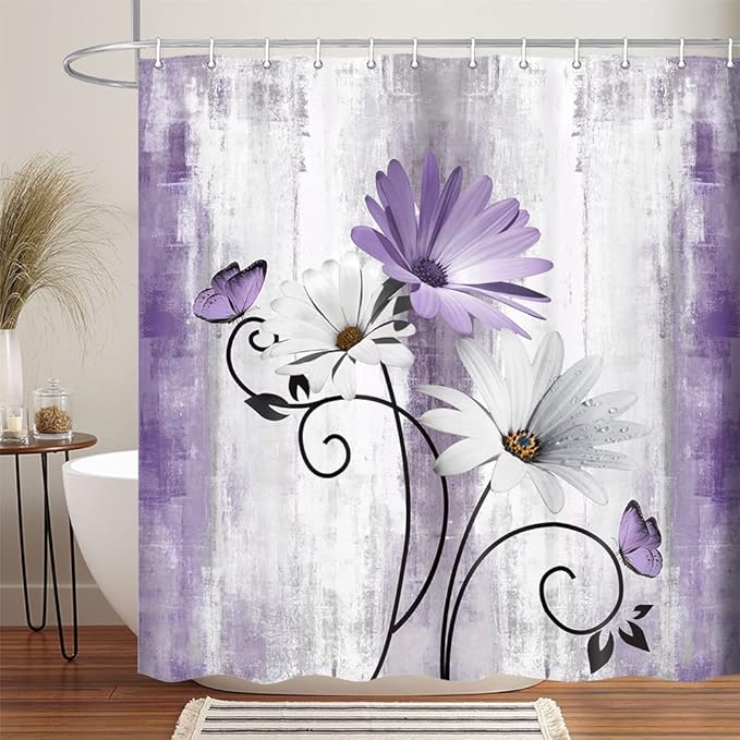 Rustic Farmhouse Shower Curtain, Farm Purple Daisy Floral Flowers and Butterfly on Country Wooden Shower Curtain for Bathroom, Violet Grey Bathroom Shower Curtains with 12PCS Hooks, 60X70IN