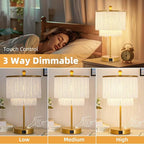 Boho Lamp for Bedroom, 3-Way Dimmable Bedside Touch Lamp with USB Charging Port, Gold Table Lamp, Fringe Boho Table Lamp for Living Room, Teens Room, Dresser, Nightstand, LED Bulb Included