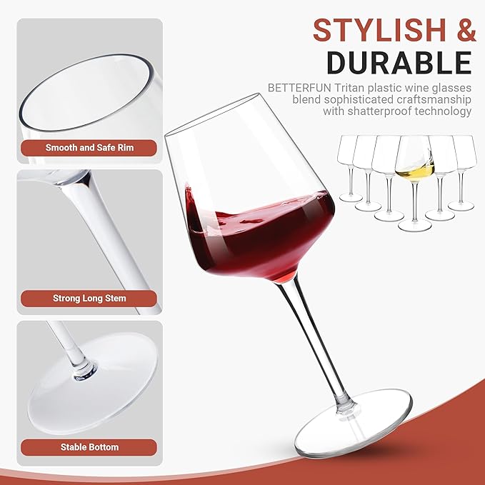 Tritan-Plastic Floating Red Wine Glasses for Pool Set of 6, 15 oz Holiday Drinkware Durable Wine Glasses with Long Stem, Ideal for Home, Party, Wedding, Beach