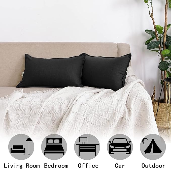 Jeanerlor Cotton Linen Decorative 12"x20" Lumbar Throw Pillow Case Cushion Cover with Twin Needles Stitch on Edge,for Wedding/Party/Gift/Car (30 x 50cm), Black