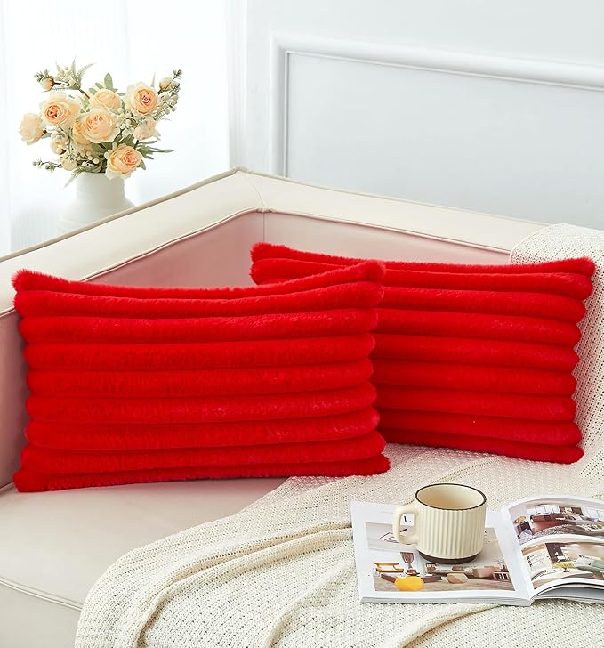 Pack of 2 Christmas Red Pillow Covers 12x20 Inch Decorative Faux Fur Throw Pillow Cover, Soft Lumbar Plush Pillowcases for Couch Sofa Bed Living Room, Fluffy Cute Home Boho Accent Decor