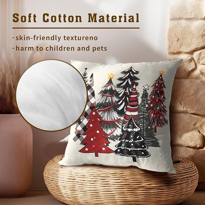 Christmas Trees Throw Pillow Covers 20x20 Set of 2,Red Black Buffalo Plaid Xmas Tree Decorative Pillow Cases Cushion Cover for Farmhouse Bed Couch Living Room Outdoor Car