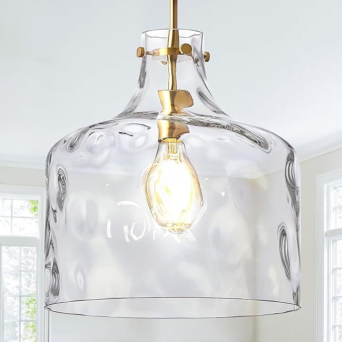 16" Extra Large Farmhouse Pendant Light – Hand-Blown Hammered Glass Shade, Gold Finish, Adjustable Chain Ceiling Light for Kitchen Island, Dining Room, Hallway