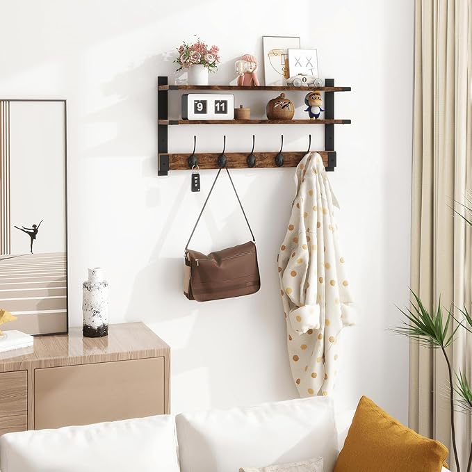 Homode Coat Rack Wall Mount with Shelf, Two-Tier Entryway Wall Shelf with Hooks, 24 in Wood Floating Storage Shelves, Coat Hanger for Hanging Hat Towel Jacket Purse Backpack, Rustic Brown