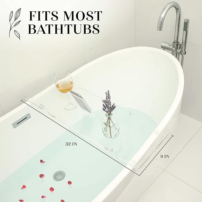 30" Supreme- Clear Bathtub Tray Caddy Tub Shelf - Spa Board Luxury Bathroom Bath tub Table - Acrylic Tub Caddy Fits Across Bathtubs - Book Rack, iPad and Wine Glass Holder