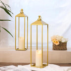 22'' 19'' Large Lanterns Decorative Outdoor Indoor, Set of 2 Gold Metal Candle Lantern Modern Farmhouse Floor Lanterns Decorative for Mantle, Patio, Porch, Garden, Home Decor
