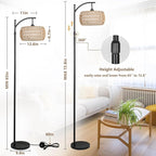 Arc Floor Lamp with Remote Control, Dimmable LED Floor Lamp with 3 Color Temperature, Black Standing Lamp with Rattan & Fabric Double Drum Shade, Boho Farmhouse Tall Pole Lamp for Living Room Bedroom