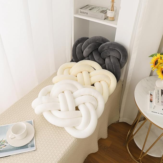 17.7in Knot Pillow Ball, Soft Velvet Decorative Throw Pillow for Couch Sofa, Decor Knotted Square Floor Pillow Cushions for Living Room (White)