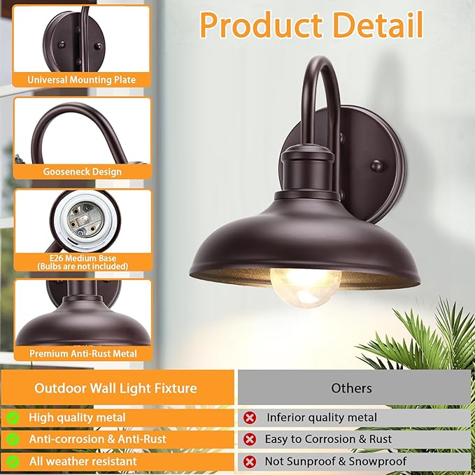 2-Pack Gooseneck Outdoor Light Fixtures, Farmhouse Barn Lights for Porch, Industrial Brown Exterior Wall Sconce for Garage, Patio, E26 Base Anti-Rust for Garage Frontdoor Entryway Doorway