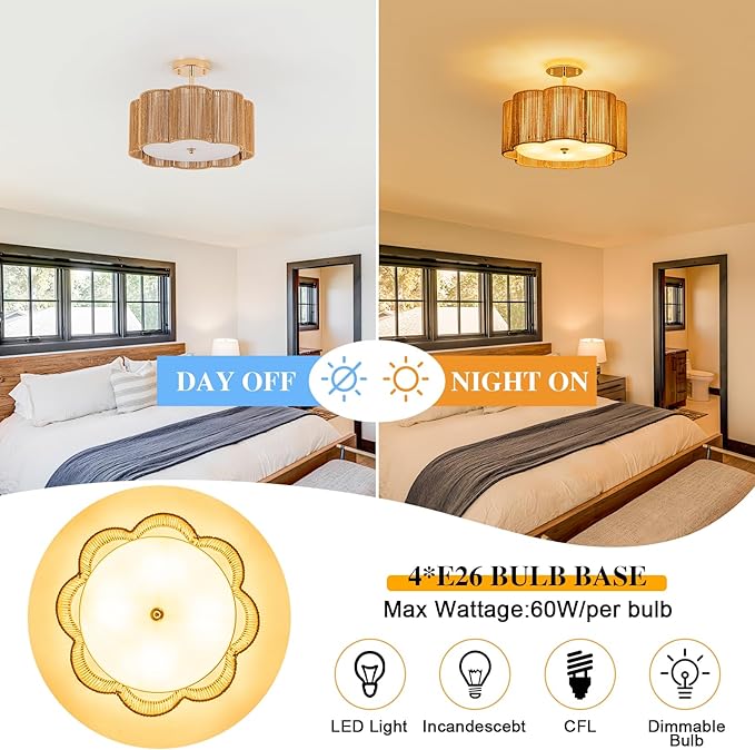 Plum Linear Weave Rattan Ceiling Light & Chandelier (16.5'' 4-Light) Flush Mount Flush E26 & 3D Woven Fireproof PC Panels for Scandinavian Dining Rooms & Modern Farmhouse Kitchen Islands