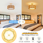 Plum Linear Weave Rattan Ceiling Light & Chandelier (16.5'' 4-Light) Flush Mount Flush E26 & 3D Woven Fireproof PC Panels for Scandinavian Dining Rooms & Modern Farmhouse Kitchen Islands