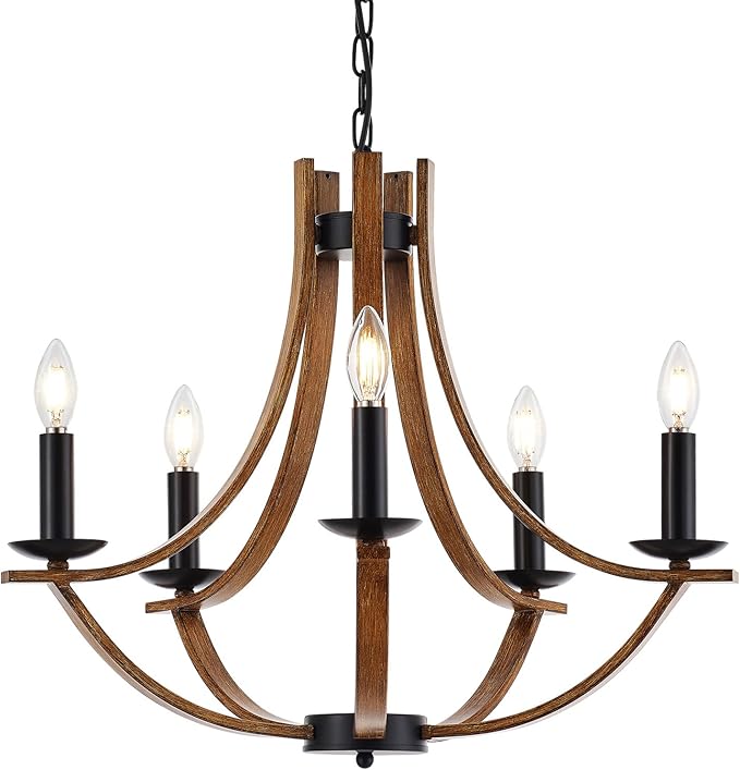 22“ Farmhouse Wooden Chandelier Modern Vintage 5-Lights Candle Style Chandeliers with Wood Finish Metal Industrial Retro Rustic Black Chandelier for Dining Room, Kitchen, Living Room, E12
