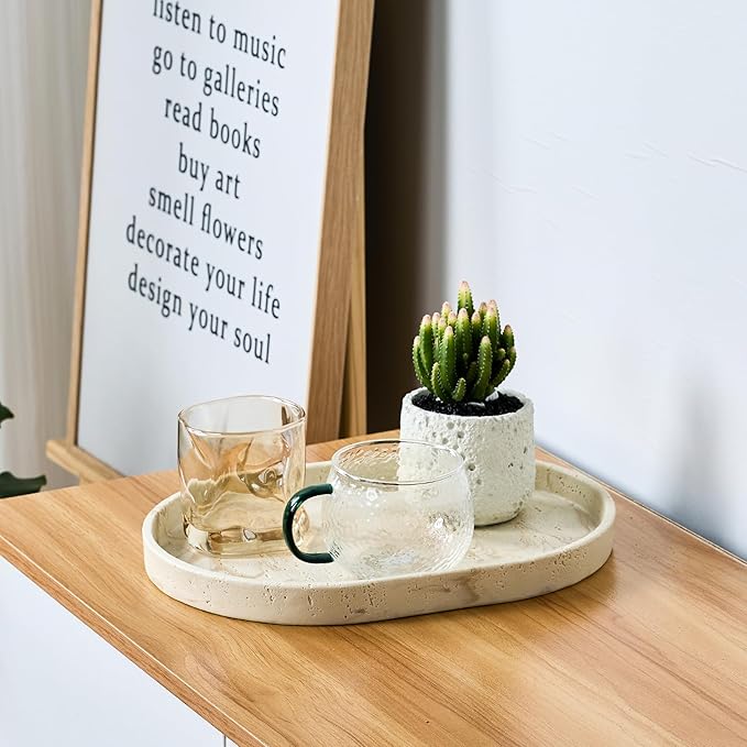 Natural Travertine Textures Tray, 13" Oval Vanity Decorative Tray for Countertop, Perfume, Candles, Jewelry Dish Tray