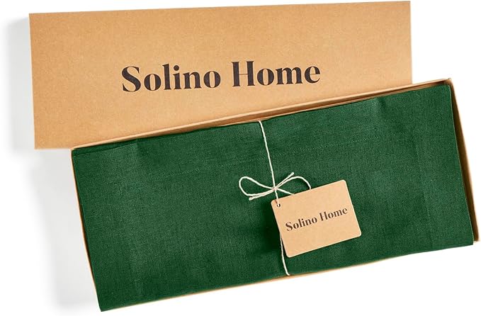 Solino Home Linen Table Runner 72 Inches Long - 100% Pure Linen Pine Green Dining Table Runner 14 x 72 Inch for Fall, Autumn, Thanksgiving, Christmas - Fete