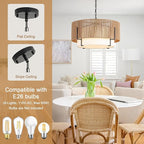 25.6" Large Rattan Chandelier, 6-Light Boho Pendant Light with Fabric Shade, Farmhouse Rattan Hanging Ceiling Light Fixture for Dining Room, Living Room, Kitchen Island, Bedroom, Hallway, Foyer