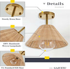 Boho Gold Semi Flush Mount Ceiling Light, Farmhouse Rattan Ceiling Light Fixture with Hand-Woven Natural Cage Shade, Modern Mini Chandelier Rustic Retro Lights for Bedroom Hallway Entryway Dining Room